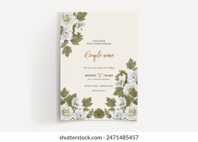 WEDDING INVITATION FRAME WITH FLOWER DECORATIONS AND FRESH LEAVES 