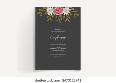 WEDDING INVITATION FRAME WITH FLOWER DECORATIONS AND FRESH LEAVES 