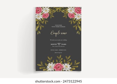 WEDDING INVITATION FRAME WITH FLOWER DECORATIONS AND FRESH LEAVES 