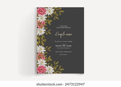 WEDDING INVITATION FRAME WITH FLOWER DECORATIONS AND FRESH LEAVES 