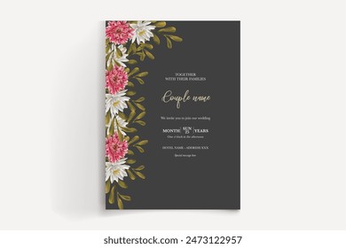 WEDDING INVITATION FRAME WITH FLOWER DECORATIONS AND FRESH LEAVES 