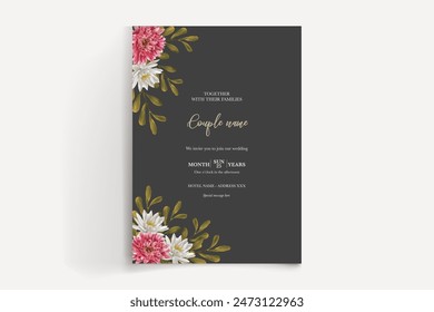 WEDDING INVITATION FRAME WITH FLOWER DECORATIONS AND FRESH LEAVES 