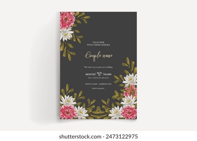 WEDDING INVITATION FRAME WITH FLOWER DECORATIONS AND FRESH LEAVES 