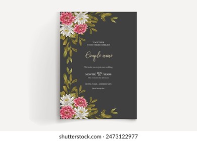 WEDDING INVITATION FRAME WITH FLOWER DECORATIONS AND FRESH LEAVES 