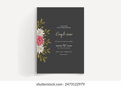 WEDDING INVITATION FRAME WITH FLOWER DECORATIONS AND FRESH LEAVES 