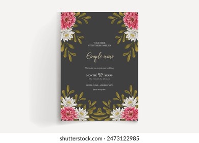 WEDDING INVITATION FRAME WITH FLOWER DECORATIONS AND FRESH LEAVES 