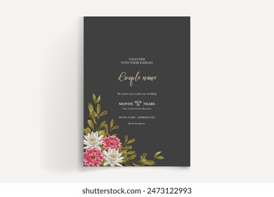 MARCO DE INVITACIÓN DE BODA CON DECORACIONES FLORALES Y HOJAS FRESCAS 