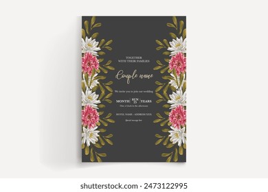 WEDDING INVITATION FRAME WITH FLOWER DECORATIONS AND FRESH LEAVES 