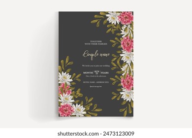 WEDDING INVITATION FRAME WITH FLOWER DECORATIONS AND FRESH LEAVES 