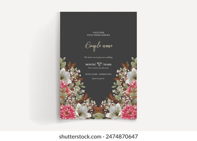 WEDDING INVITATION FRAME WITH FLOWER DECORATIONS AND FRESH LEAVES 