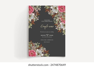 WEDDING INVITATION FRAME WITH FLOWER DECORATIONS AND FRESH LEAVES 