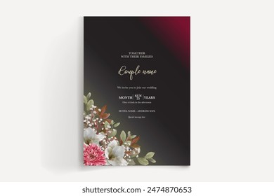 WEDDING INVITATION FRAME WITH FLOWER DECORATIONS AND FRESH LEAVES 