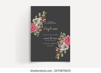WEDDING INVITATION FRAME WITH FLOWER DECORATIONS AND FRESH LEAVES 