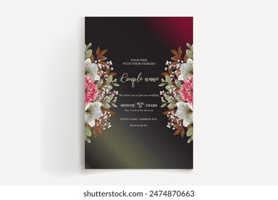 WEDDING INVITATION FRAME WITH FLOWER DECORATIONS AND FRESH LEAVES 