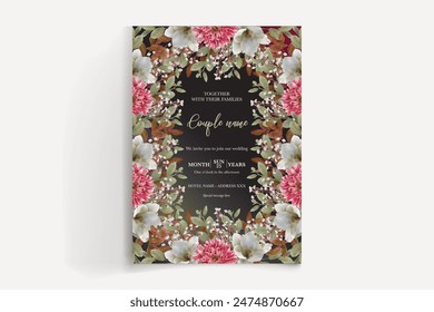 MARCO DE INVITACIÓN DE BODA CON DECORACIONES FLORALES Y HOJAS FRESCAS 