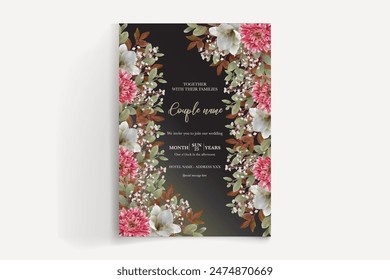 WEDDING INVITATION FRAME WITH FLOWER DECORATIONS AND FRESH LEAVES 