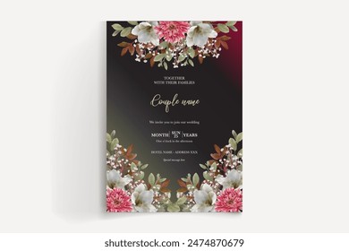 WEDDING INVITATION FRAME WITH FLOWER DECORATIONS AND FRESH LEAVES 