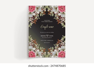 MARCO DE INVITACIÓN DE BODA CON DECORACIONES FLORALES Y HOJAS FRESCAS 