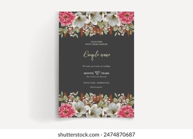 WEDDING INVITATION FRAME WITH FLOWER DECORATIONS AND FRESH LEAVES 