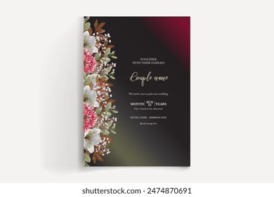 WEDDING INVITATION FRAME WITH FLOWER DECORATIONS AND FRESH LEAVES 