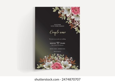 WEDDING INVITATION FRAME WITH FLOWER DECORATIONS AND FRESH LEAVES 