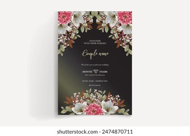 WEDDING INVITATION FRAME WITH FLOWER DECORATIONS AND FRESH LEAVES 