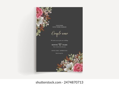WEDDING INVITATION FRAME WITH FLOWER DECORATIONS AND FRESH LEAVES 