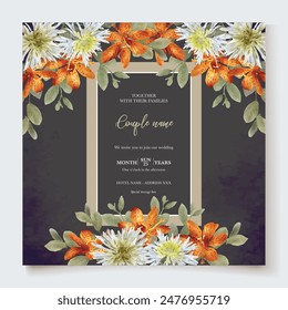 WEDDING INVITATION FRAME WITH FLOWER DECORATIONS AND FRESH LEAVES 