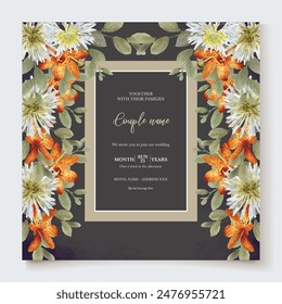 WEDDING INVITATION FRAME WITH FLOWER DECORATIONS AND FRESH LEAVES 
