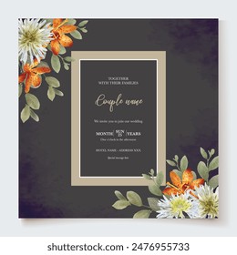 WEDDING INVITATION FRAME WITH FLOWER DECORATIONS AND FRESH LEAVES 
