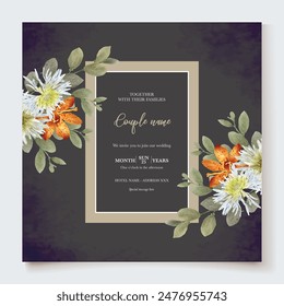 WEDDING INVITATION FRAME WITH FLOWER DECORATIONS AND FRESH LEAVES 