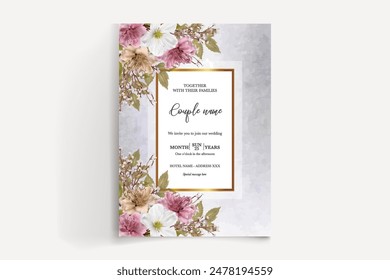 WEDDING INVITATION FRAME WITH FLOWER DECORATIONS AND FRESH LEAVES 