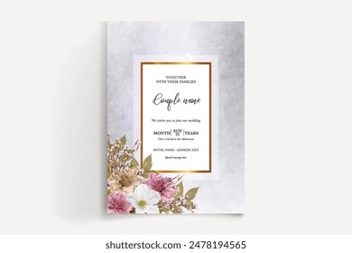 WEDDING INVITATION FRAME WITH FLOWER DECORATIONS AND FRESH LEAVES 