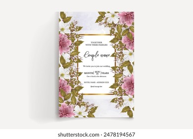 MARCO DE INVITACIÓN DE BODA CON DECORACIONES FLORALES Y HOJAS FRESCAS 
