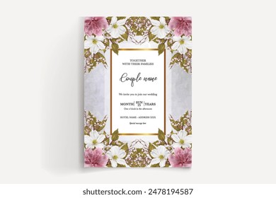 WEDDING INVITATION FRAME WITH FLOWER DECORATIONS AND FRESH LEAVES 