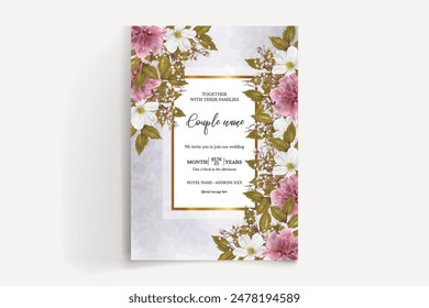 WEDDING INVITATION FRAME WITH FLOWER DECORATIONS AND FRESH LEAVES 