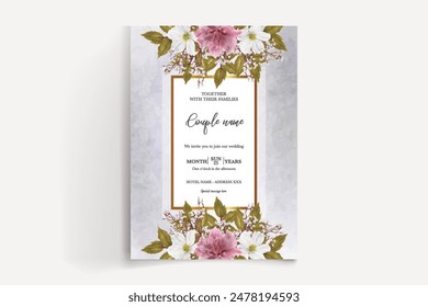 WEDDING INVITATION FRAME WITH FLOWER DECORATIONS AND FRESH LEAVES 