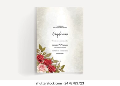 WEDDING INVITATION FRAME WITH FLOWER DECORATIONS AND FRESH LEAVES 