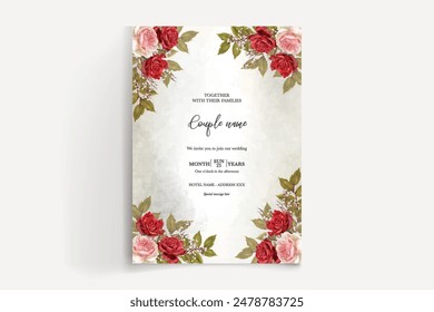 WEDDING INVITATION FRAME WITH FLOWER DECORATIONS AND FRESH LEAVES 