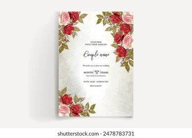 WEDDING INVITATION FRAME WITH FLOWER DECORATIONS AND FRESH LEAVES 