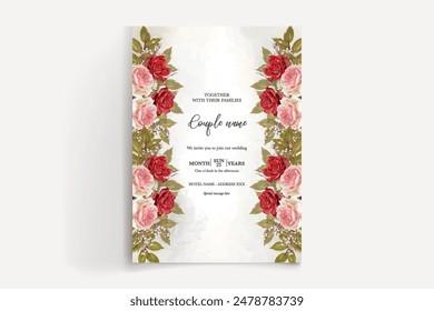 WEDDING INVITATION FRAME WITH FLOWER DECORATIONS AND FRESH LEAVES 