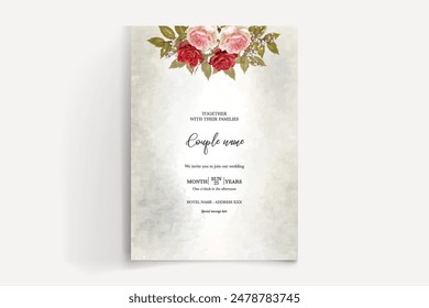 WEDDING INVITATION FRAME WITH FLOWER DECORATIONS AND FRESH LEAVES 