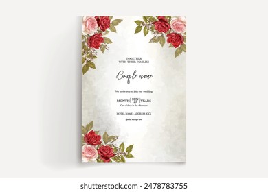 WEDDING INVITATION FRAME WITH FLOWER DECORATIONS AND FRESH LEAVES 