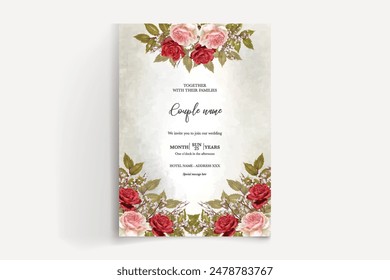 WEDDING INVITATION FRAME WITH FLOWER DECORATIONS AND FRESH LEAVES 