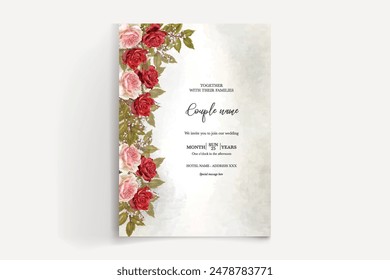 WEDDING INVITATION FRAME WITH FLOWER DECORATIONS AND FRESH LEAVES 
