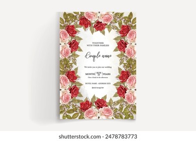WEDDING INVITATION FRAME WITH FLOWER DECORATIONS AND FRESH LEAVES 