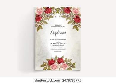 WEDDING INVITATION FRAME WITH FLOWER DECORATIONS AND FRESH LEAVES 
