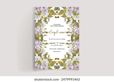MARCO DE INVITACIÓN DE BODA CON DECORACIONES FLORALES Y HOJAS FRESCAS 