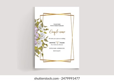WEDDING INVITATION FRAME WITH FLOWER DECORATIONS AND FRESH LEAVES 
