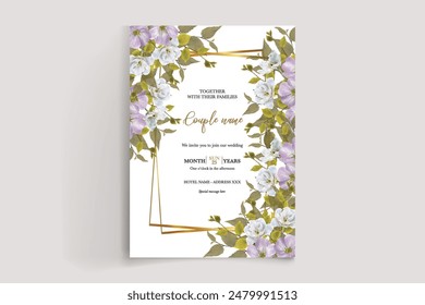 WEDDING INVITATION FRAME WITH FLOWER DECORATIONS AND FRESH LEAVES 